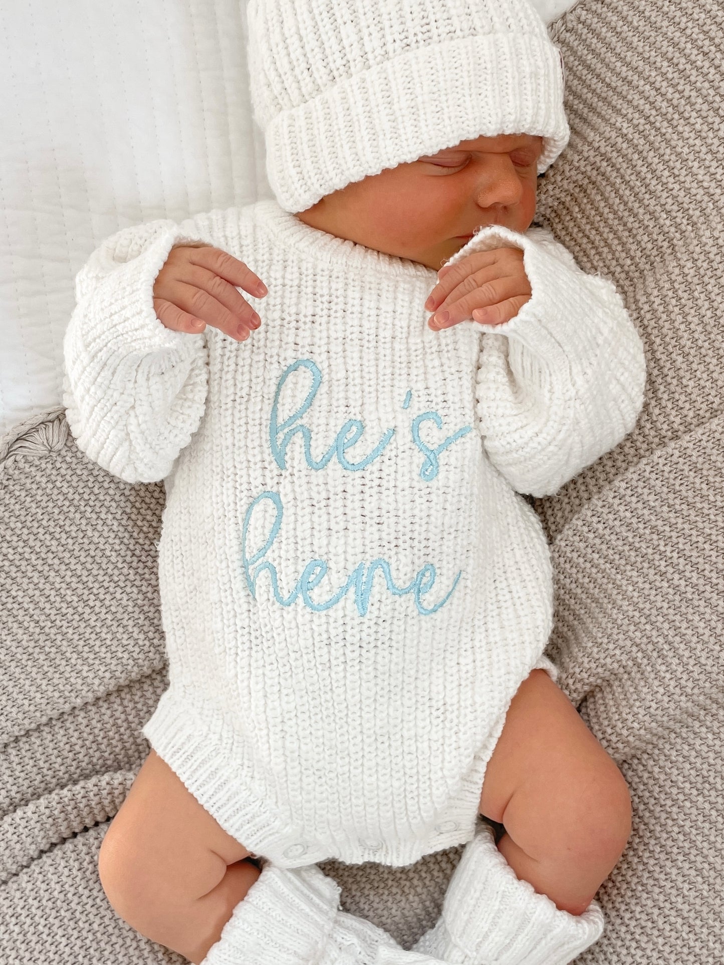 He's Here Chunky Knit Baby Romper | Ivory