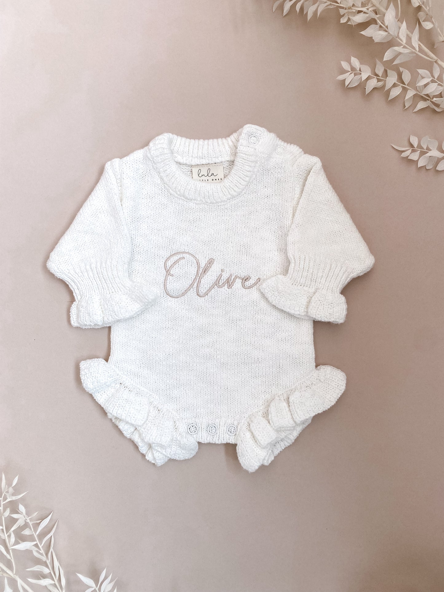 Personalised Frill Knit Baby Romper | Ivory