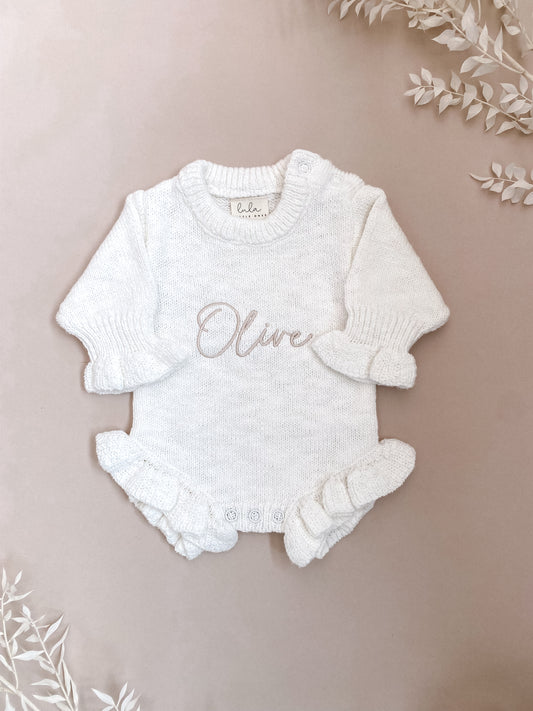 Personalised Frill Knit Baby Romper | Ivory