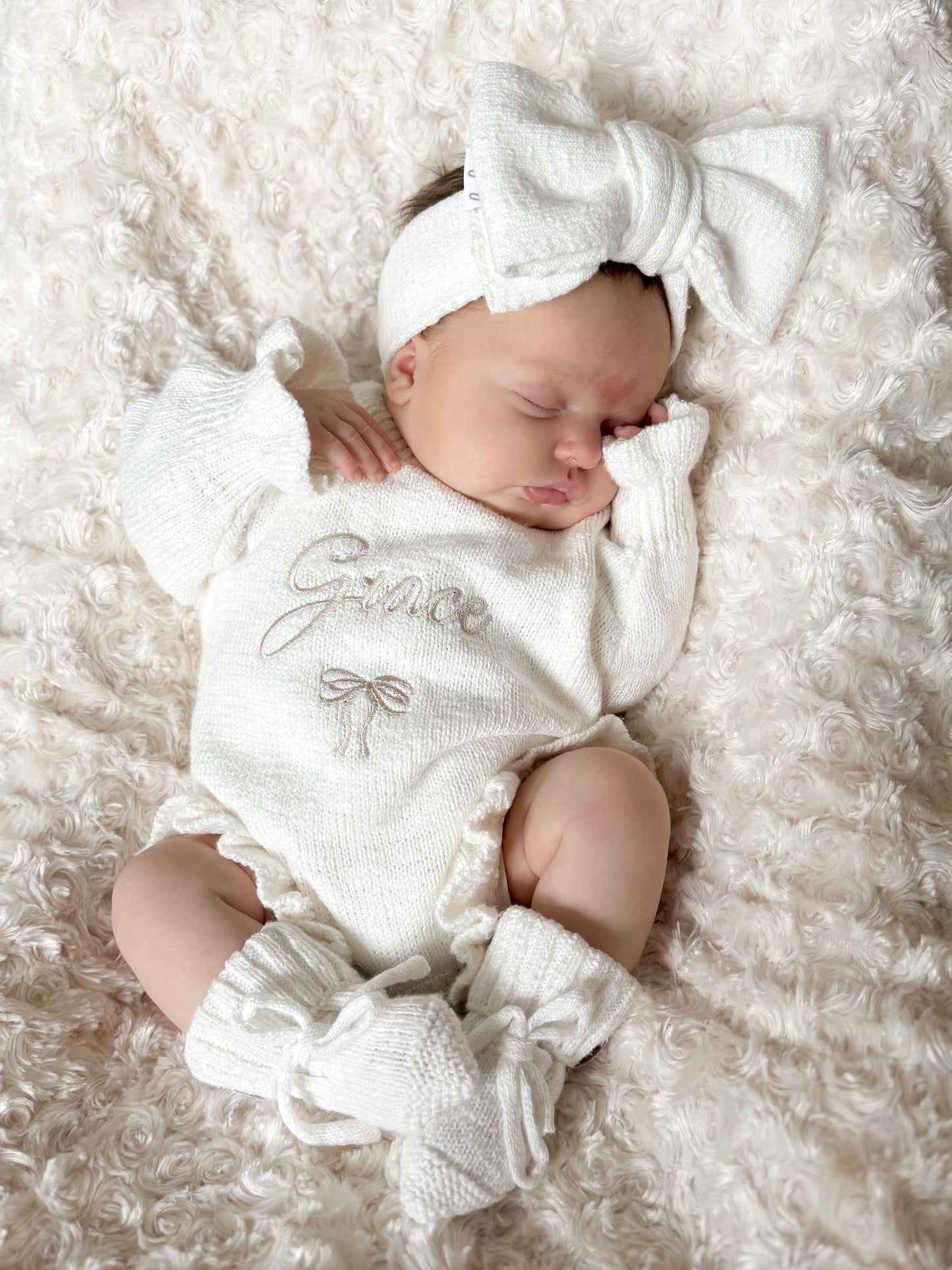 Set | Personalised Frill Knit Bow Romper & Booties & Topknot | Ivory