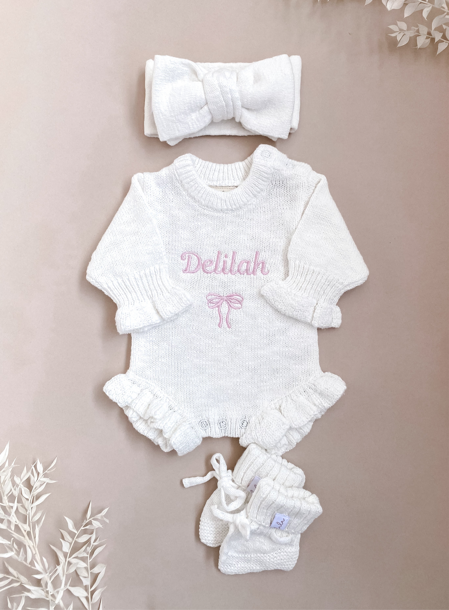 Set | Personalised Frill Knit Bow Romper & Booties & Topknot | Ivory