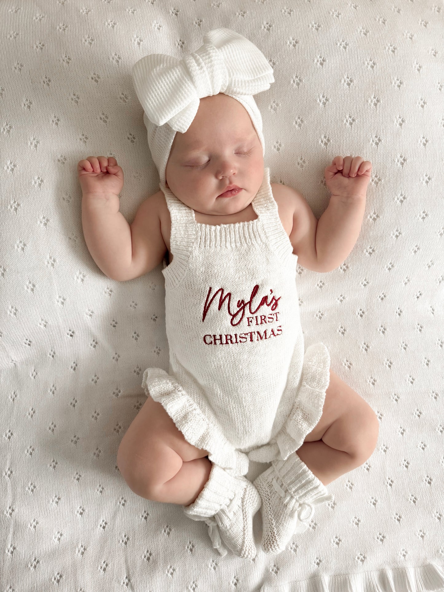 Personalised First Christmas Sleeveless Frill Knit Baby Romper | Ivory
