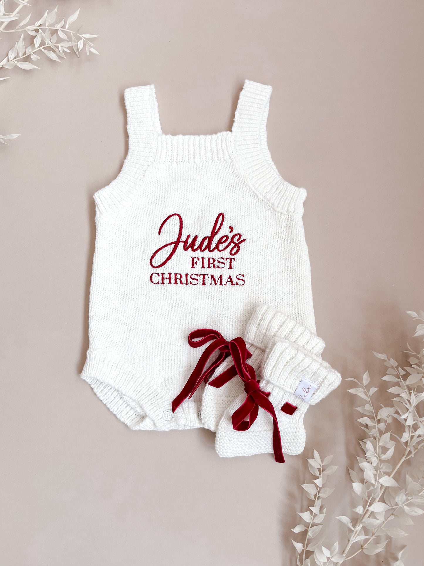 Christmas Baby Booties | Chunky Knit | Ivory | Red Velvet Ribbon