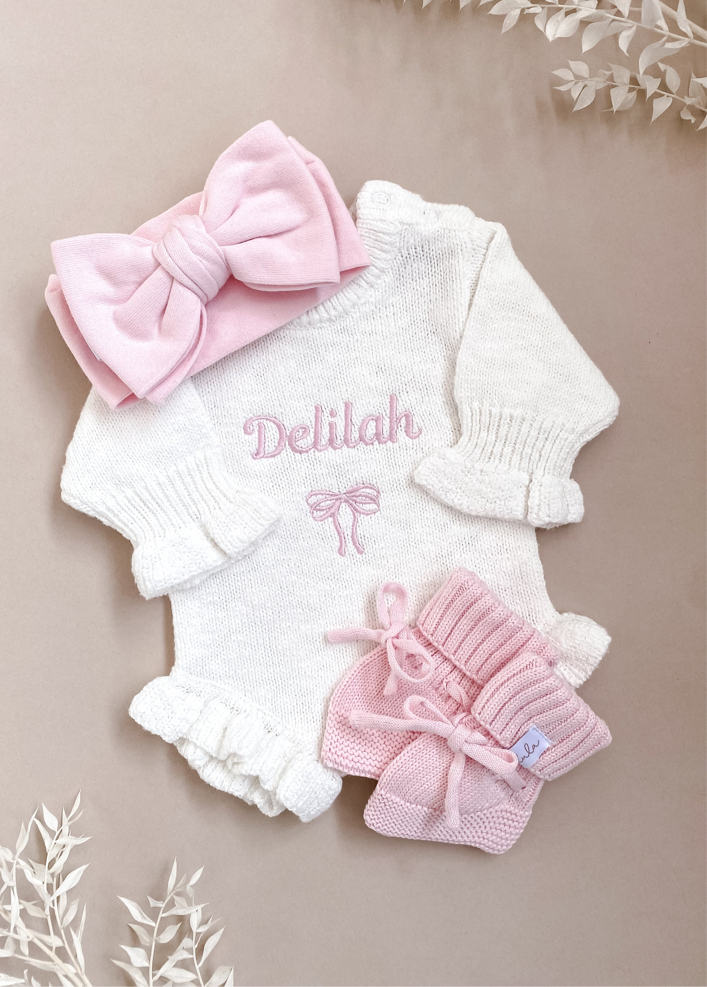 Set | Personalised Frill Knit Bow Romper & Booties & Topknot | Ivory & Blossom Pink