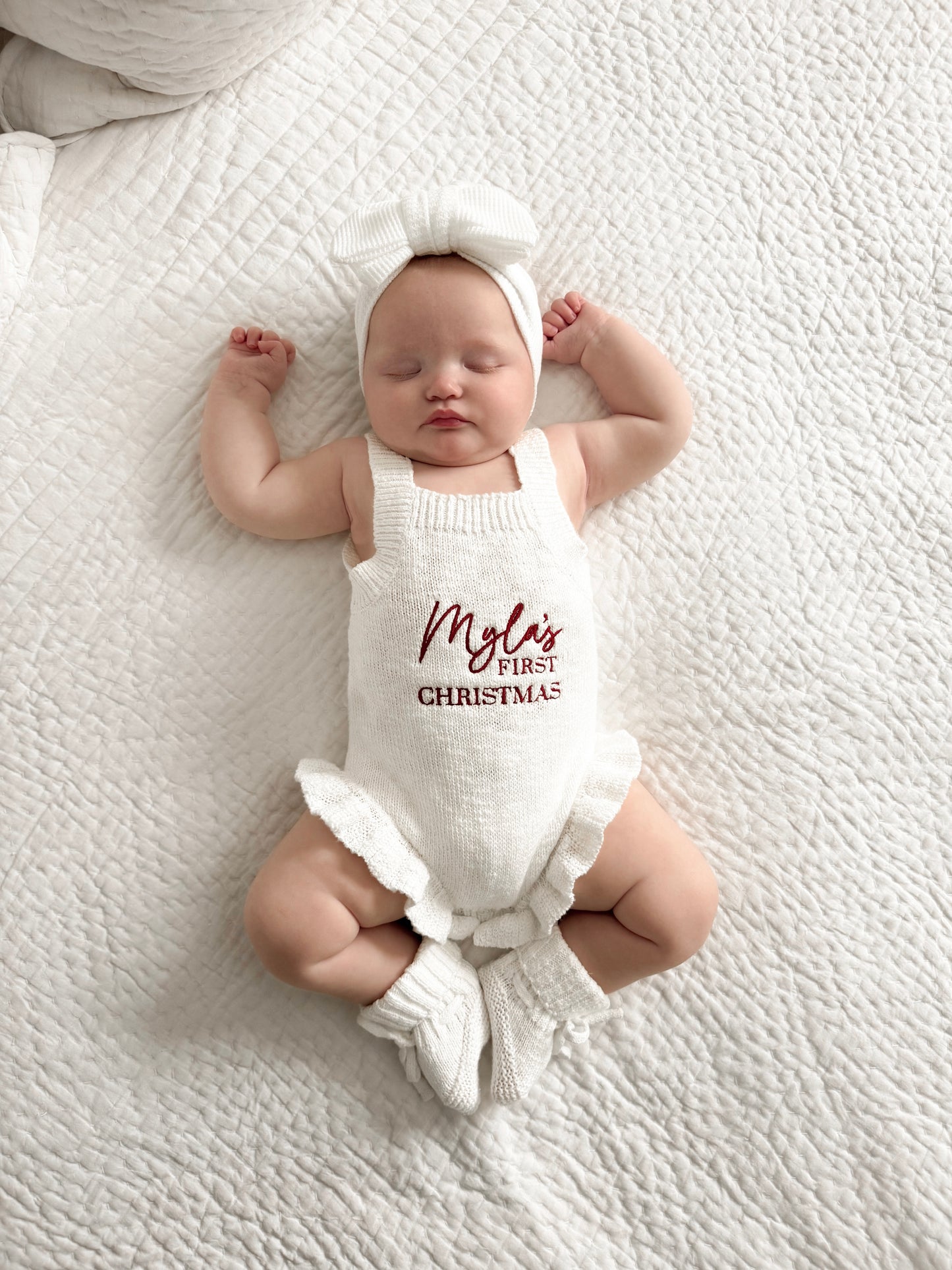 Personalised First Christmas Sleeveless Frill Knit Baby Romper | Ivory