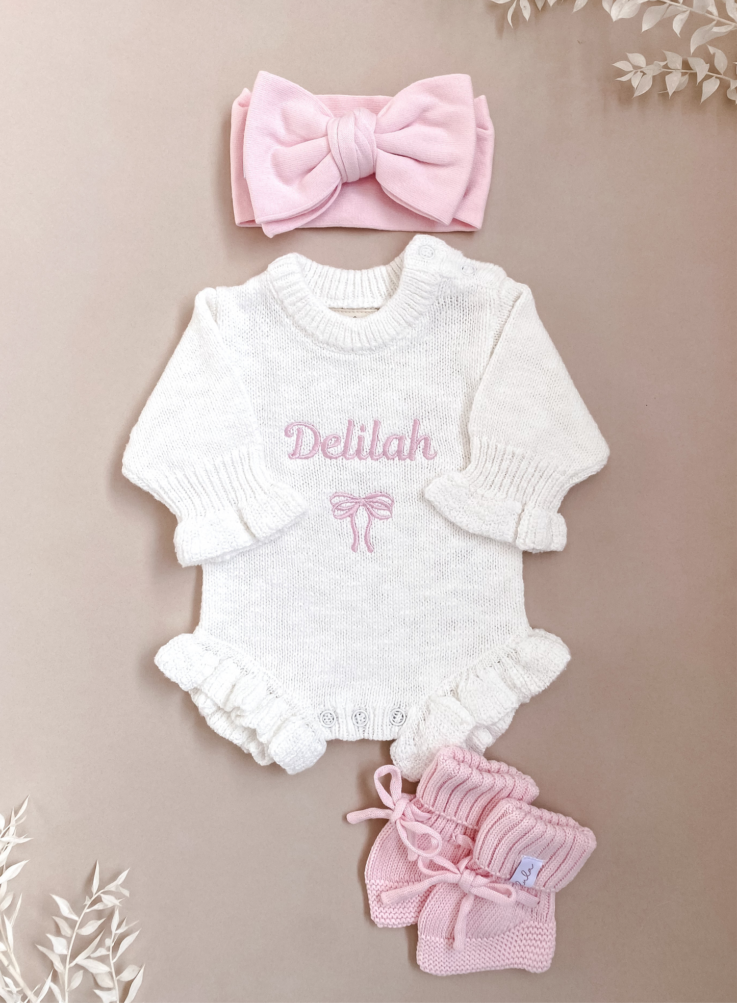 Set | Personalised Frill Knit Bow Romper & Booties & Topknot | Ivory & Blossom Pink