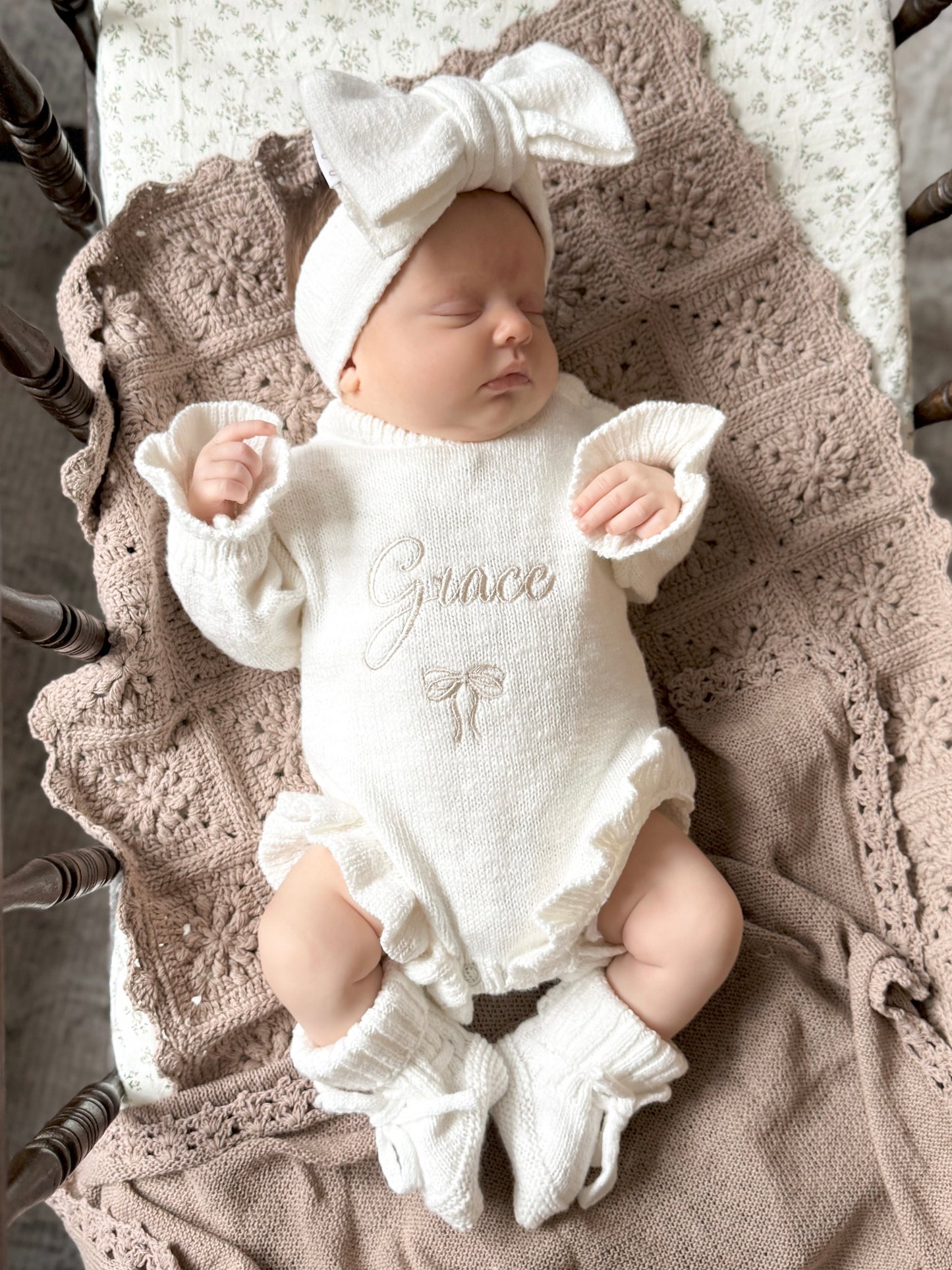 Set | Personalised Frill Knit Bow Romper & Booties & Topknot | Ivory