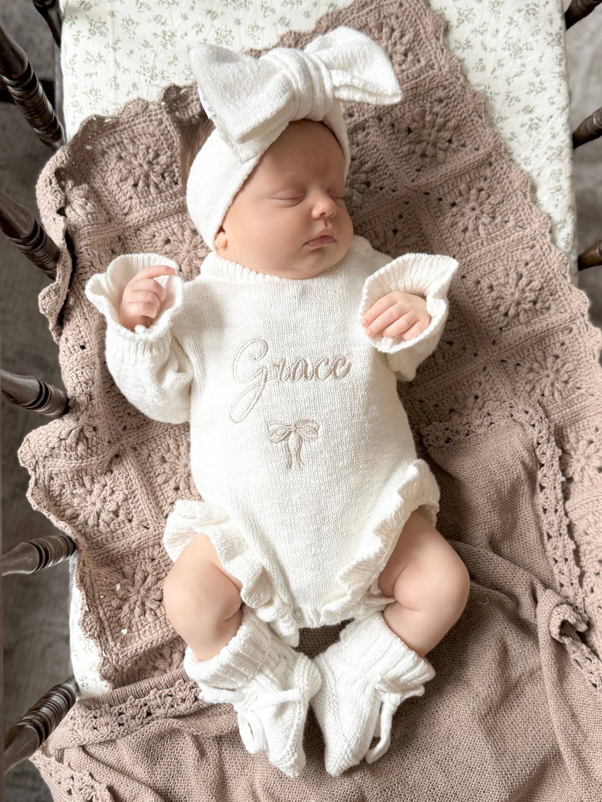 Set | Personalised Frill Knit Bow Romper & Booties & Topknot | Ivory