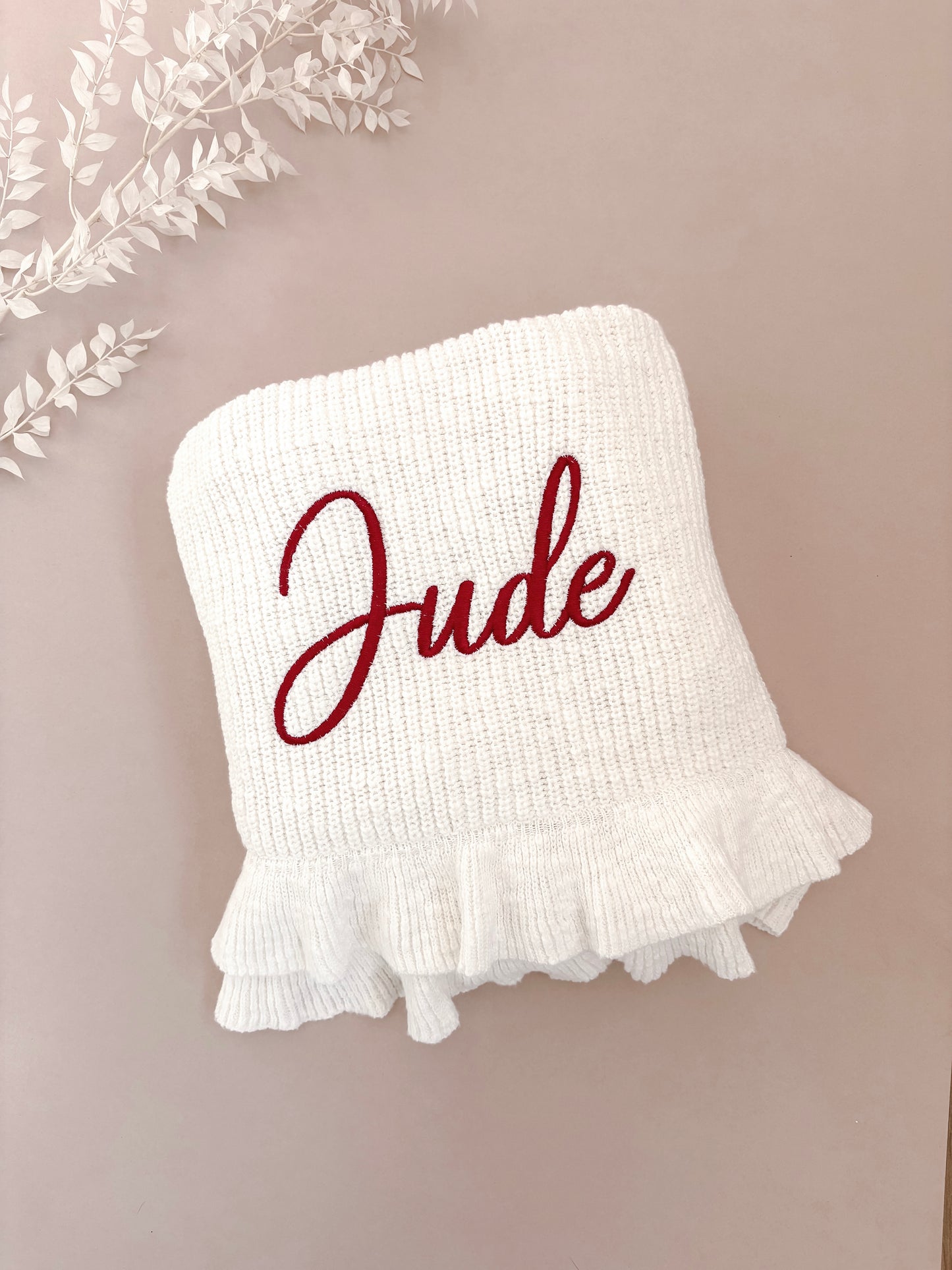 Personalised Christmas Frill Baby Blanket | Chunky Knit | Ivory