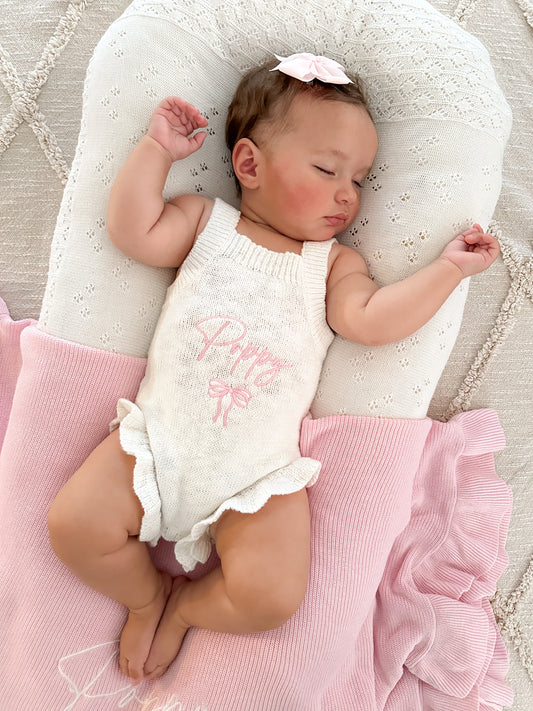 Personalised Sleeveless Frill Knit Bow Baby Romper | Ivory