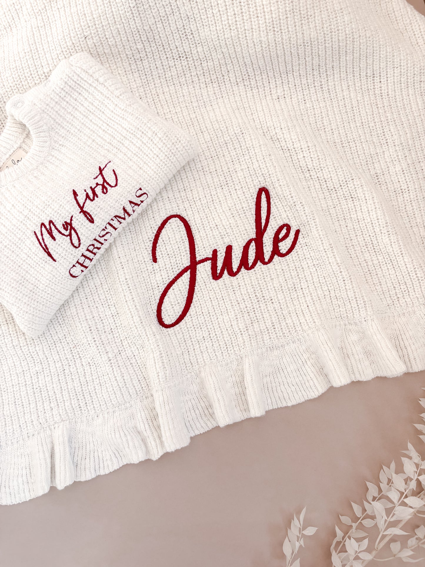 Personalised Christmas Frill Baby Blanket | Chunky Knit | Ivory