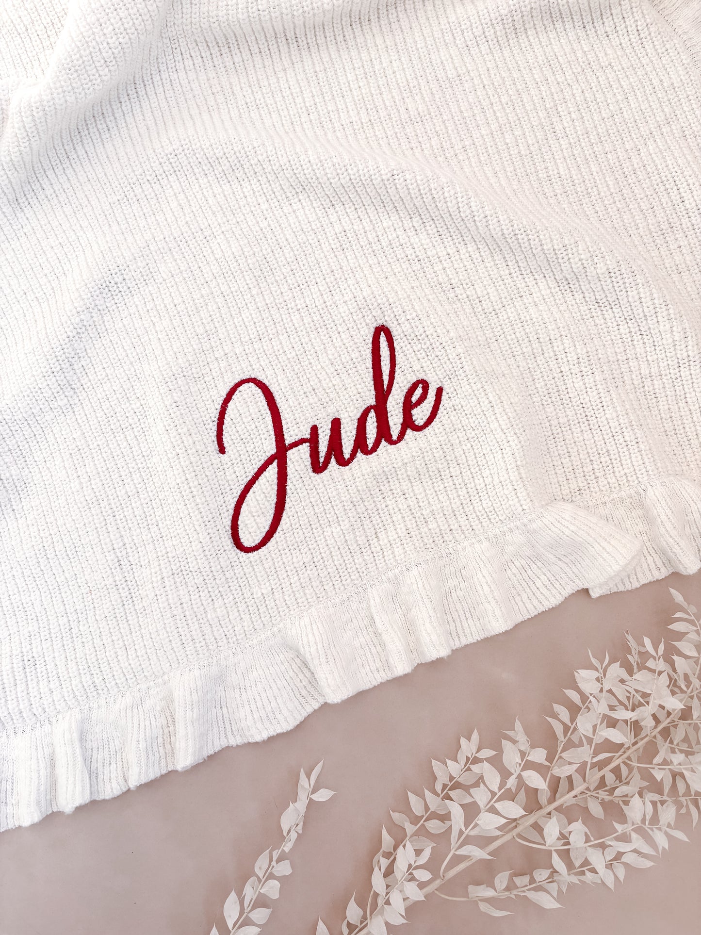 Personalised Christmas Frill Baby Blanket | Chunky Knit | Ivory