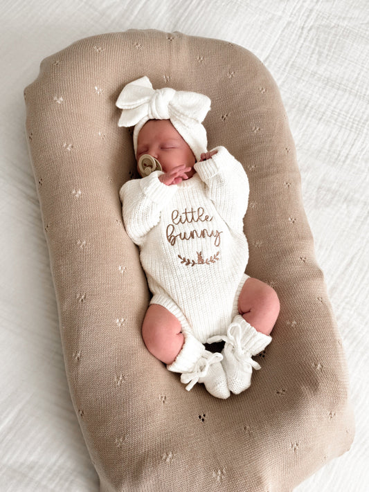 knitted baby romper with 'little bunny' embroidery