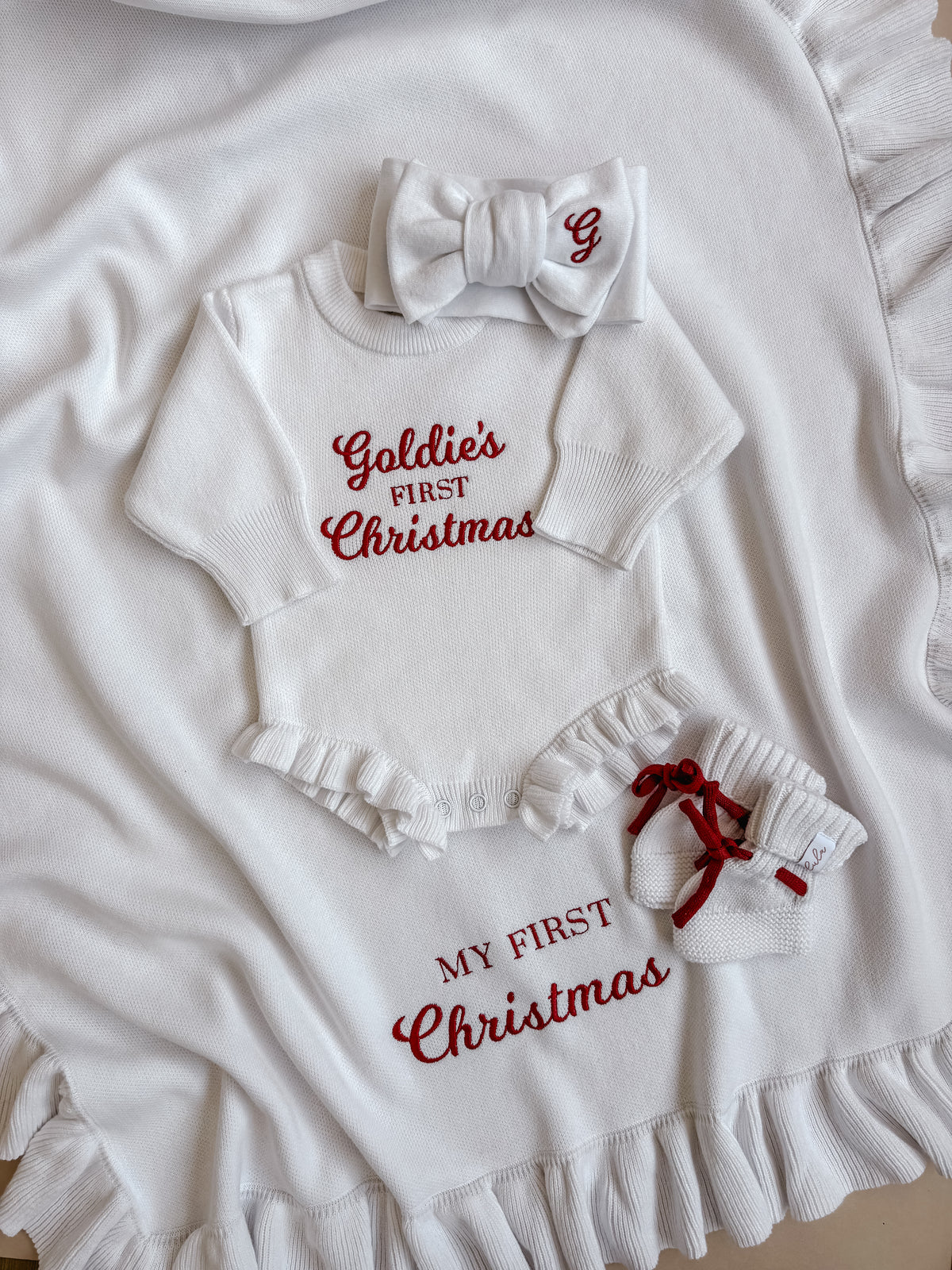 Personalised First Christmas Frill Knit Baby Romper | Milk White