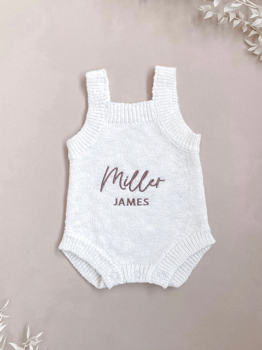 Personalised Sleeveless Knit Baby Romper | Two Names | Ivory