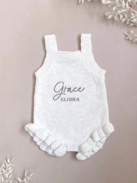 Personalised Sleeveless Frill Knit Baby Romper | Two Names | Ivory
