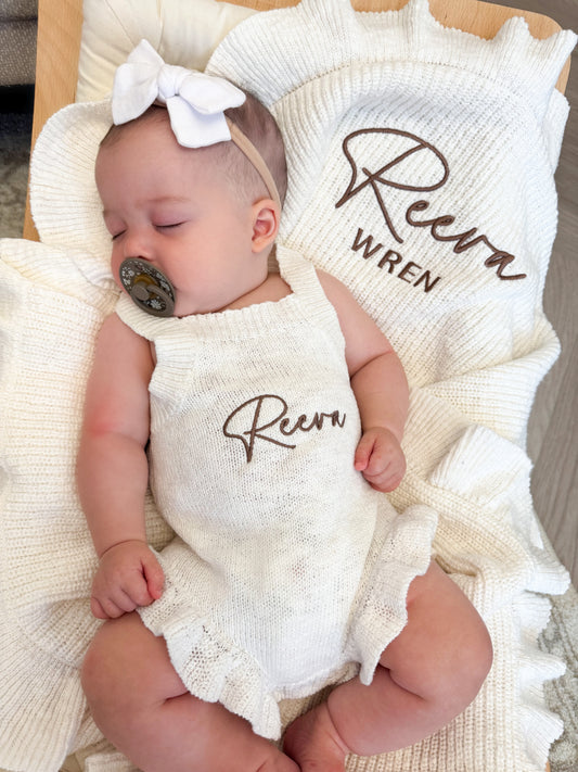 Personalised Frill Baby Blanket | Chunky Knit | Two Names | Ivory