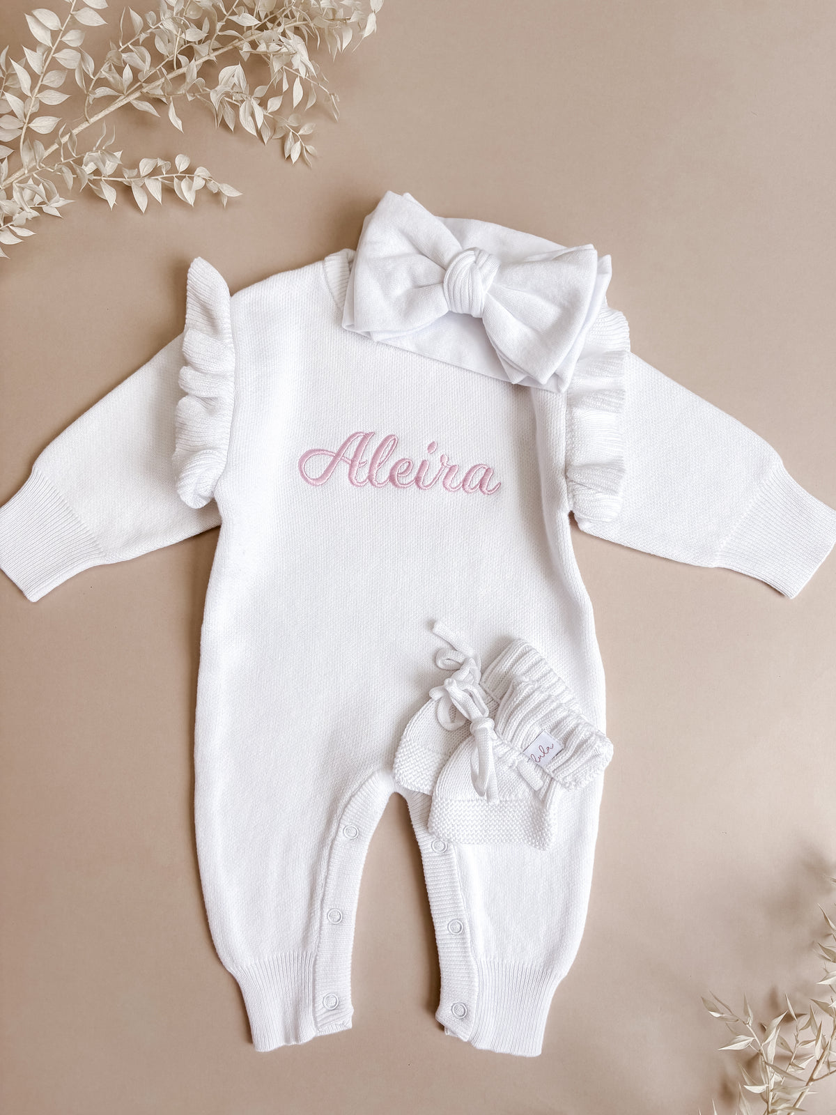 Set | Personalised Full Length Frill Knit Baby Romper & Booties & Topknot | Milk White