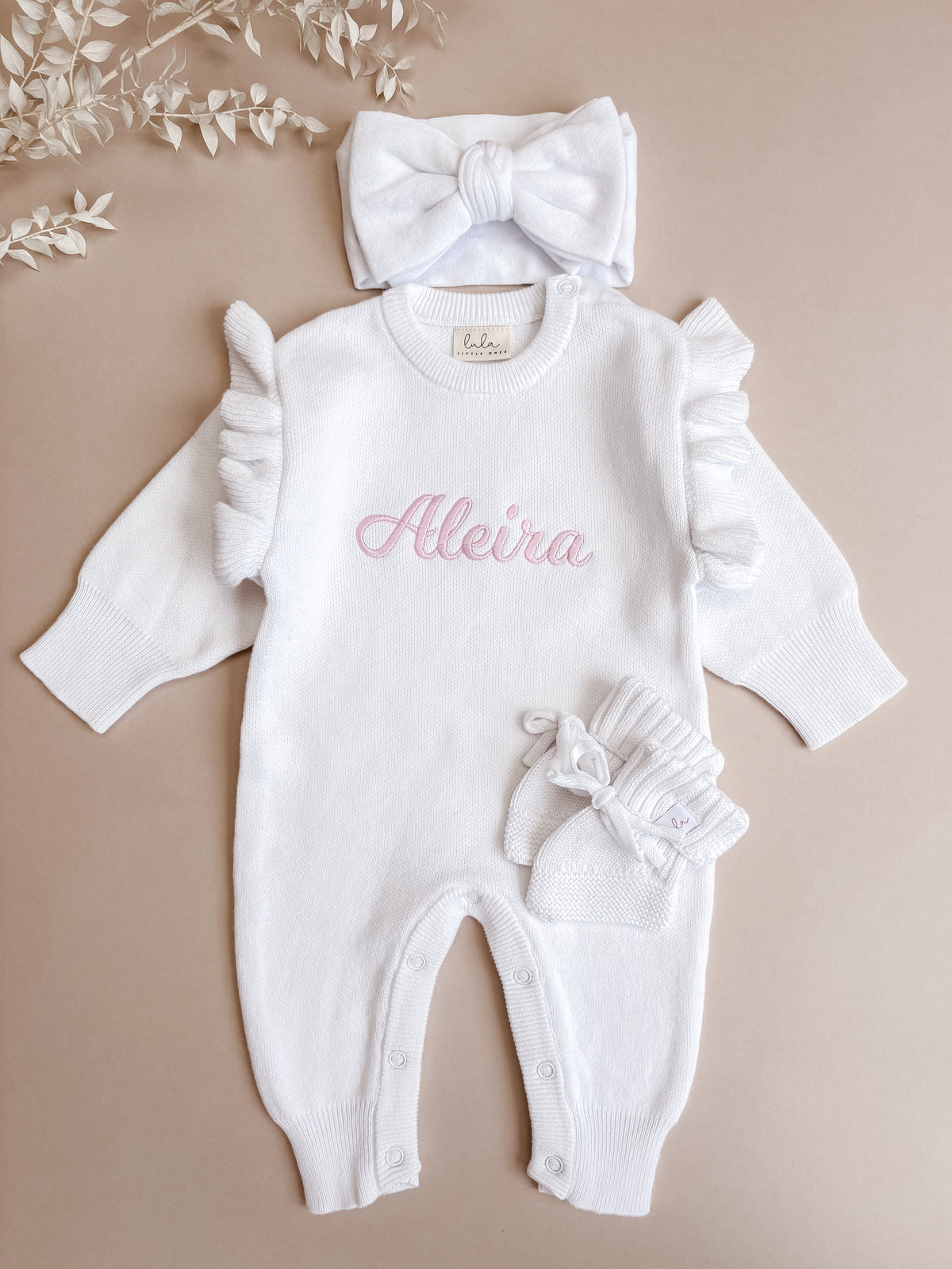 Set | Personalised Full Length Frill Knit Baby Romper & Booties & Topknot | Milk White
