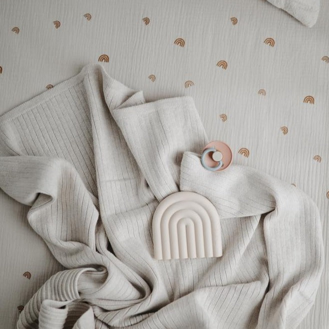 Mushie Knitted Ribbed Baby Blanket | Beige Melange