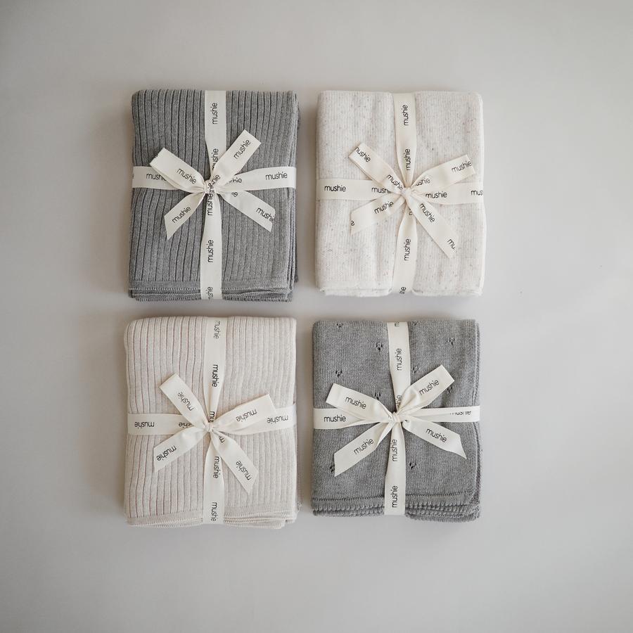 Mushie Knitted Ribbed Baby Blanket | Beige Melange