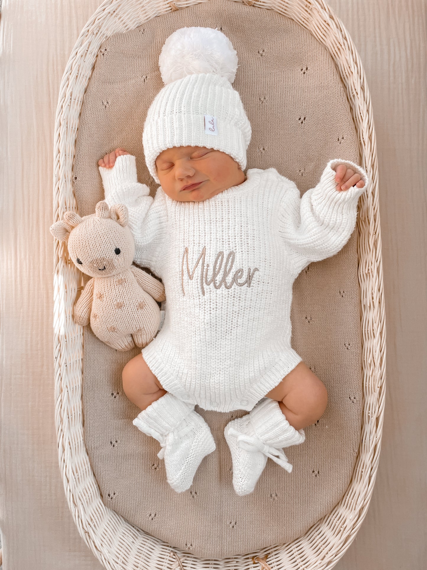Set | Personalised Chunky Knit Baby Romper & Booties & Hat | Ivory