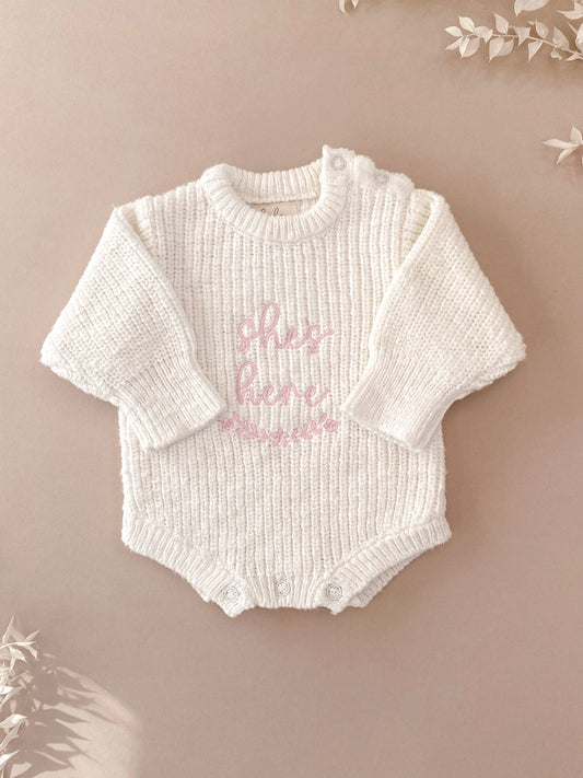 She's Here Chunky Knit Baby Romper | Ivory