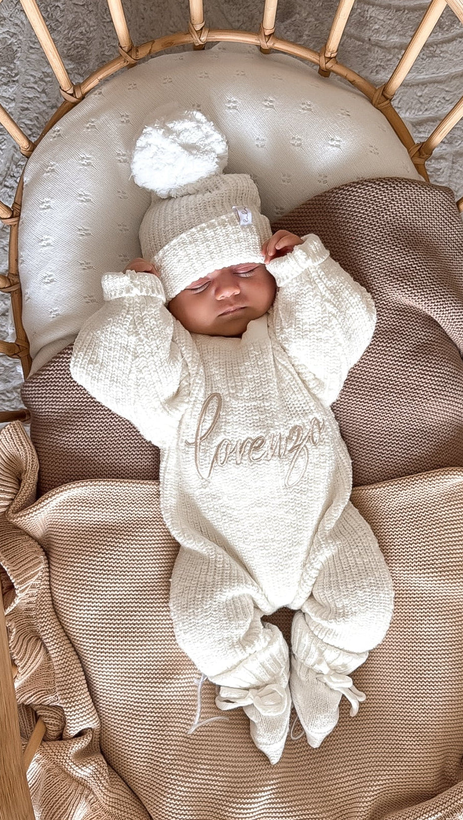 Set | Personalised Full Length Chunky Knit Baby Romper & Booties & Hat | Ivory