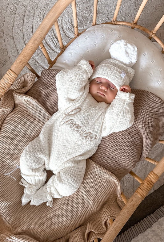 Set | Personalised Full Length Chunky Knit Baby Romper & Booties & Hat | Ivory