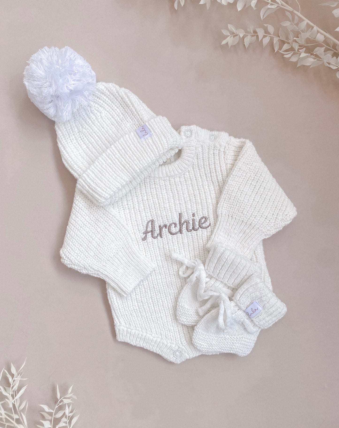 Set | Personalised Chunky Knit Baby Romper & Booties & Hat | Ivory