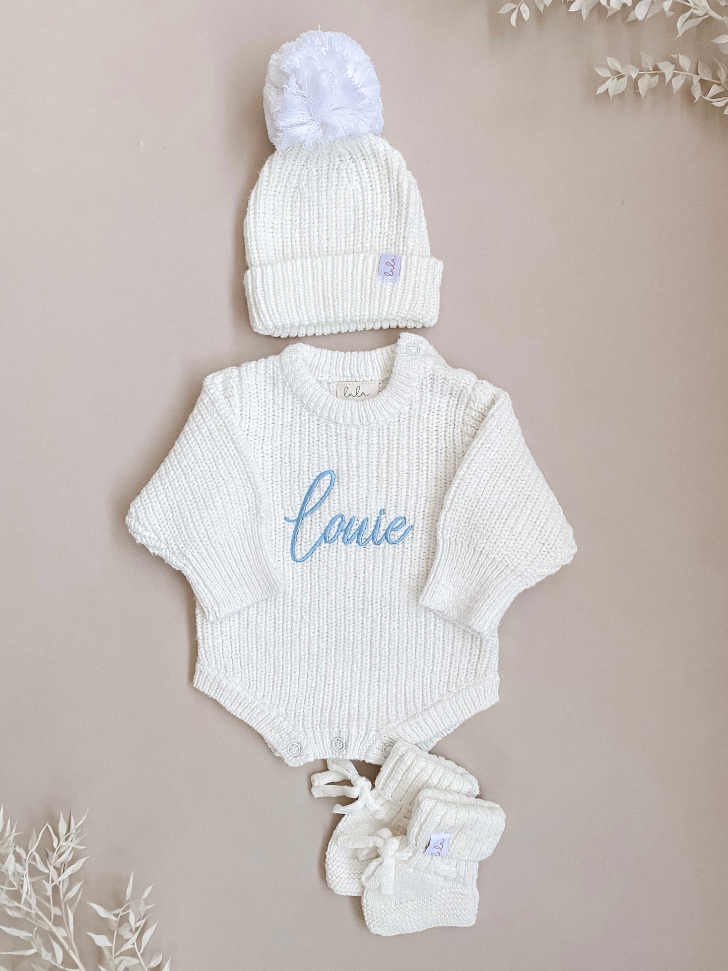 Set | Personalised Chunky Knit Baby Romper & Booties & Hat | Ivory