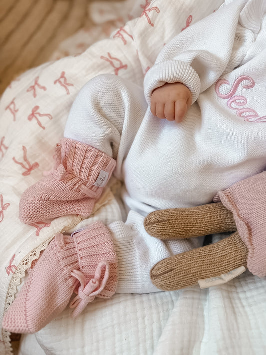 Set | Personalised Full Length Frill Knit Baby Romper & Booties & Topknot | Milk White & Blossom Pink