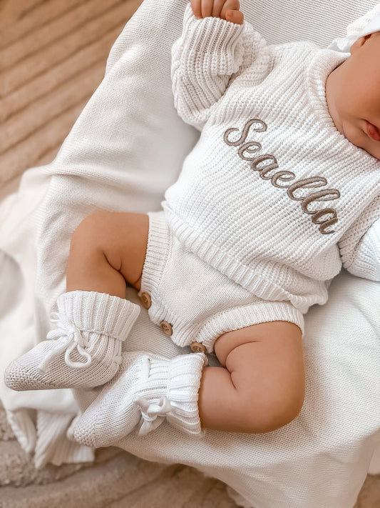Set | Personalised Chunky Knit Baby Jumper & Booties & Topknot | Milk White