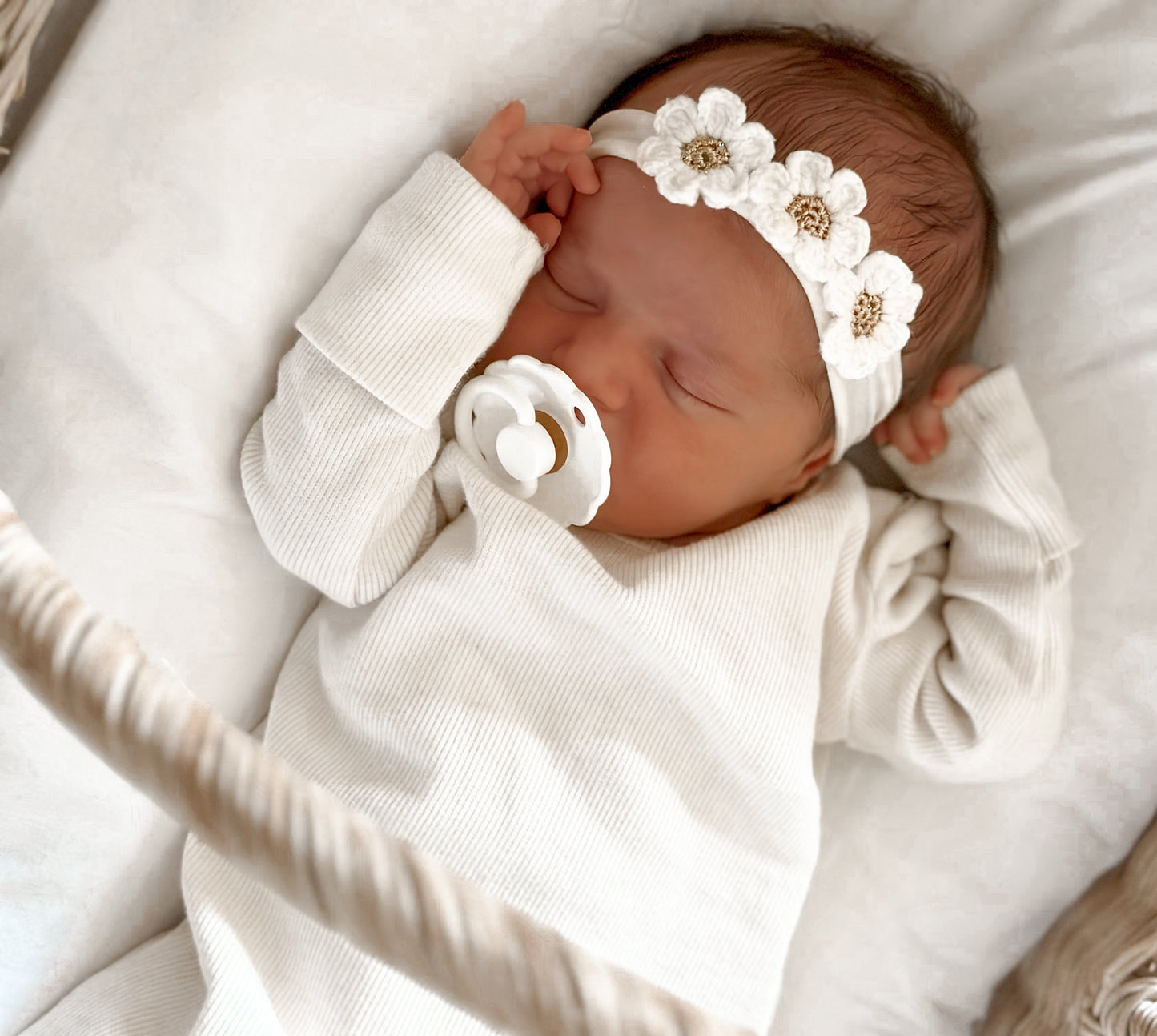 baby headband - white and gold crochet flowers