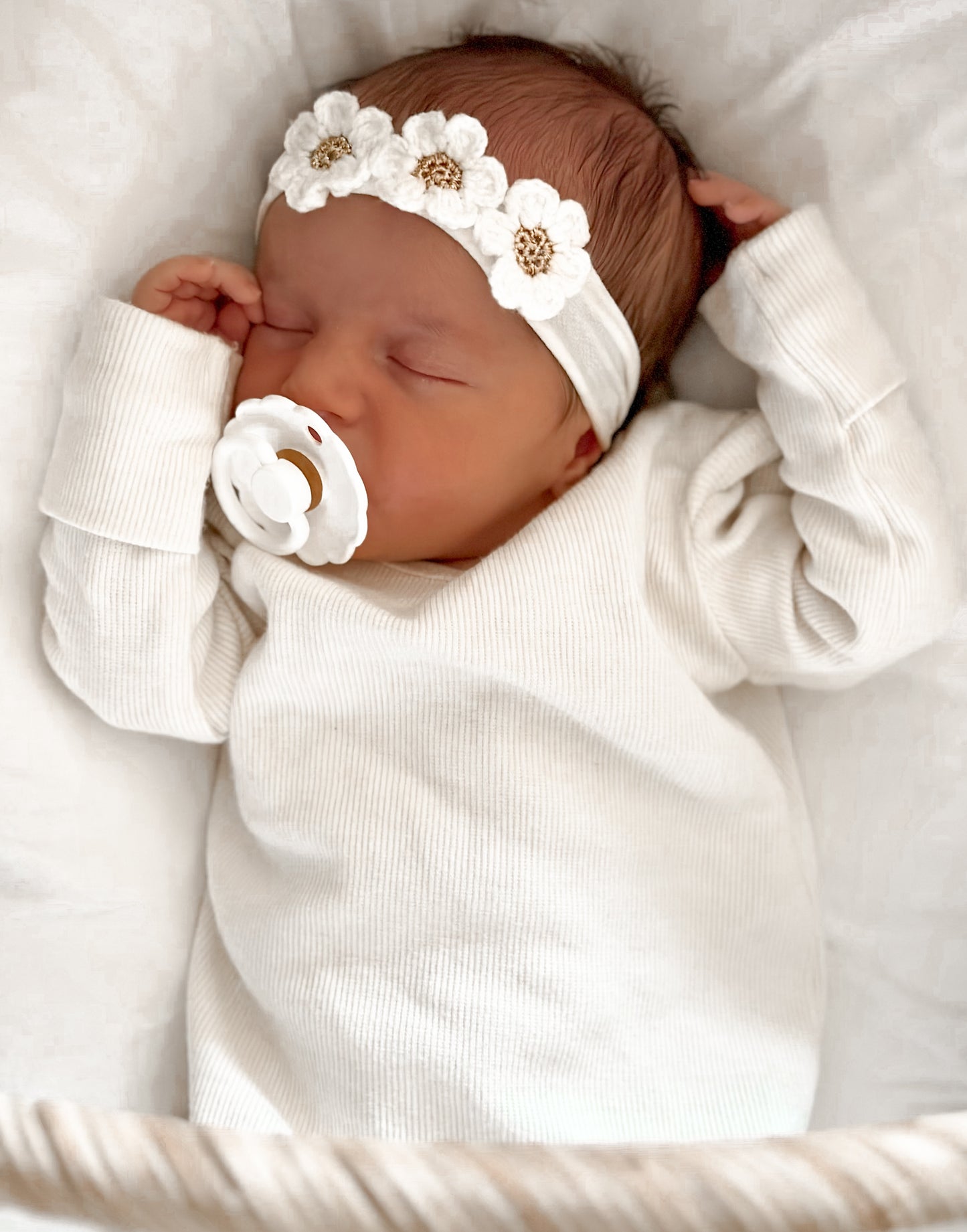 baby headband - white and gold crochet flowers