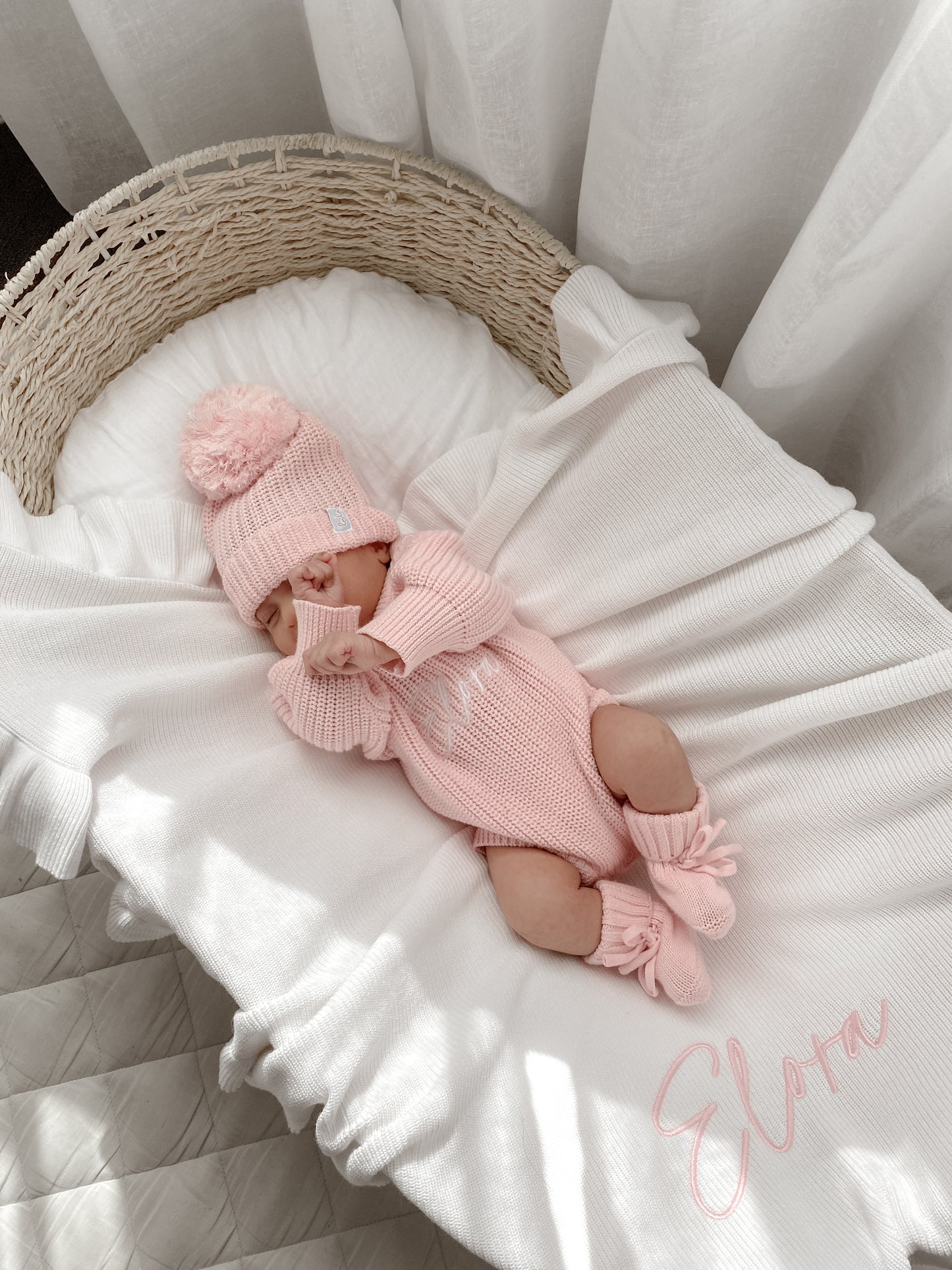 Set | Personalised Chunky Knit Baby Romper & Booties & Hat | Blossom Pink