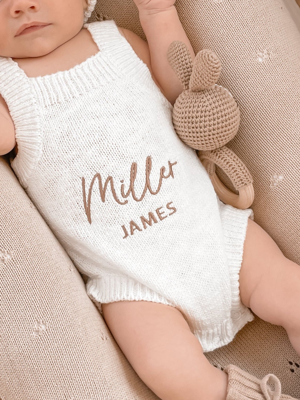 Personalised Sleeveless Knit Baby Romper | Two Names | Ivory