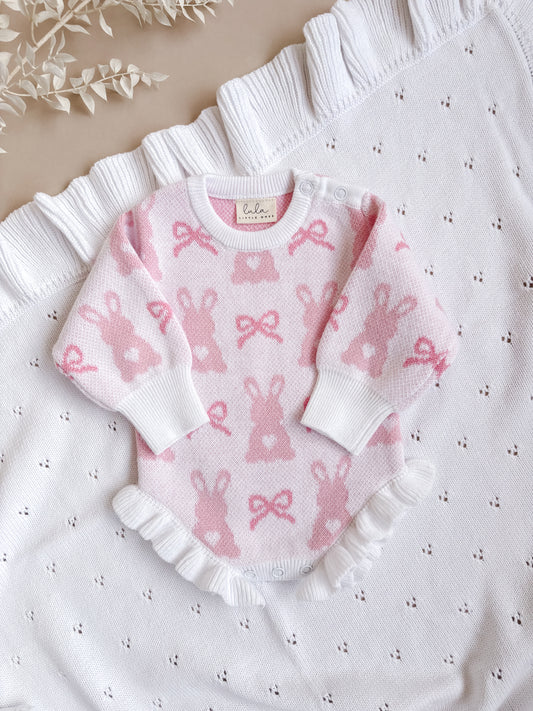 baby girl easter outfit - pink bunny and bow frill romper