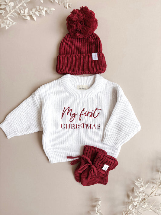 red knitted baby booties