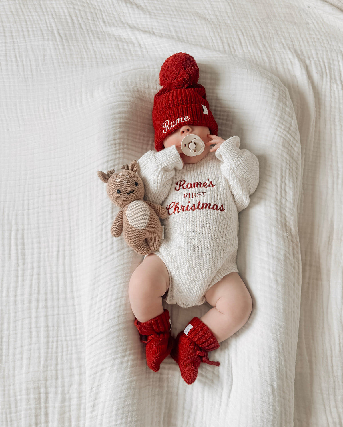 Personalised First Christmas Chunky Knit Baby Romper | Ivory