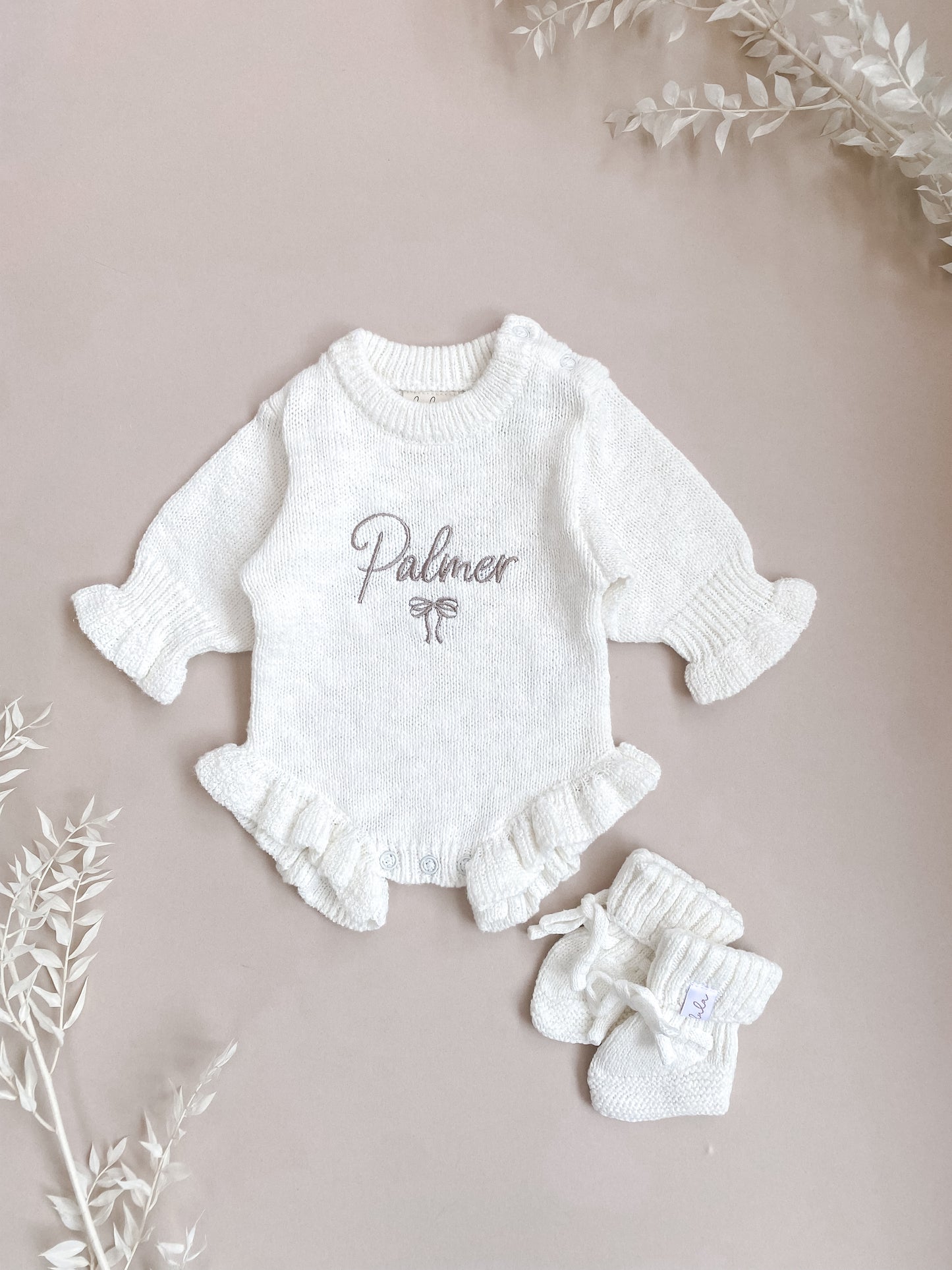 Set | Personalised Frill Knit Bow Romper & Baby Booties | Ivory
