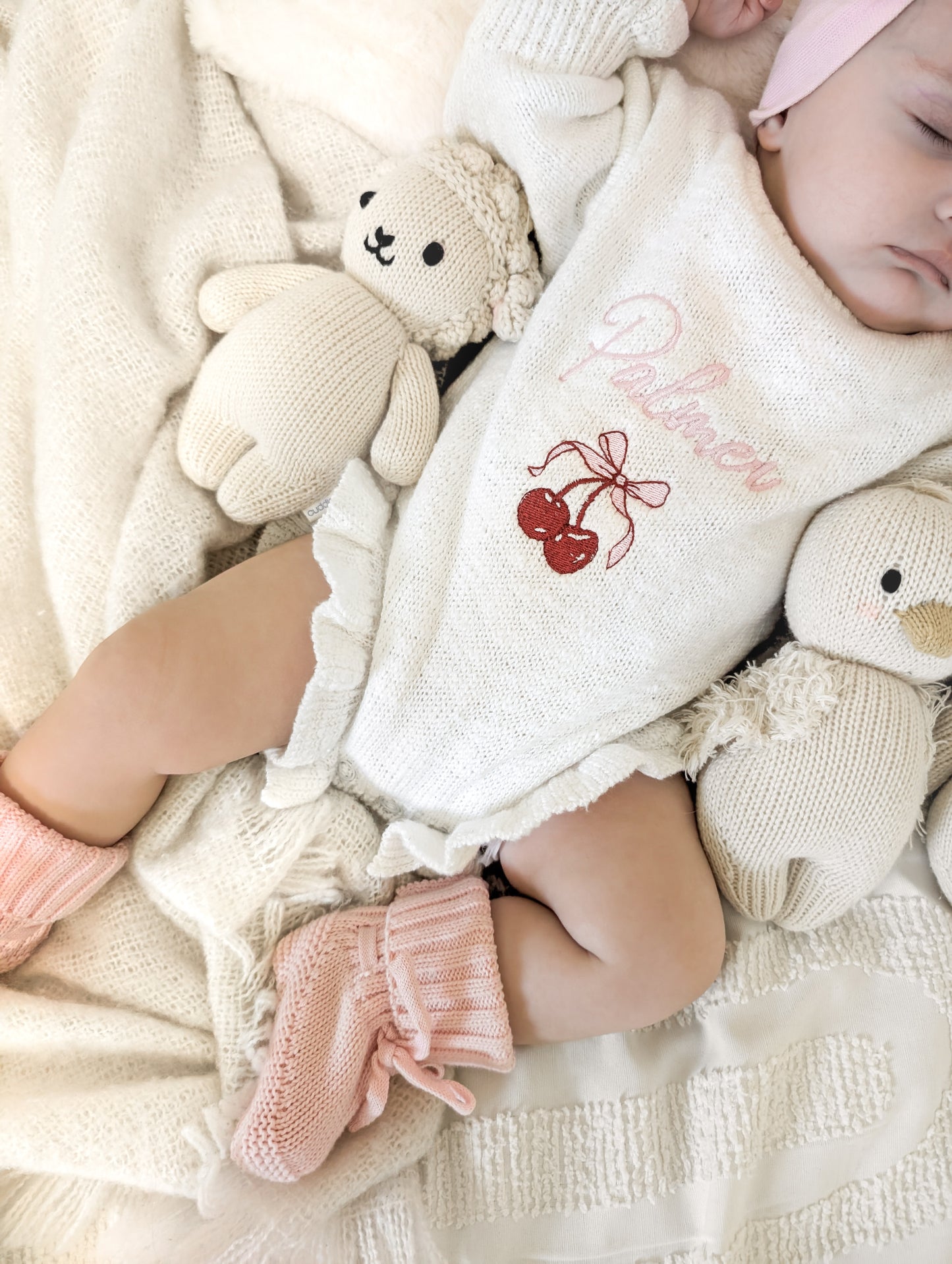 Personalised Frill Knit Cherry Romper | Ivory
