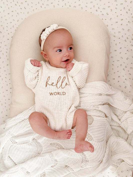 hello world baby outfit - knit romper