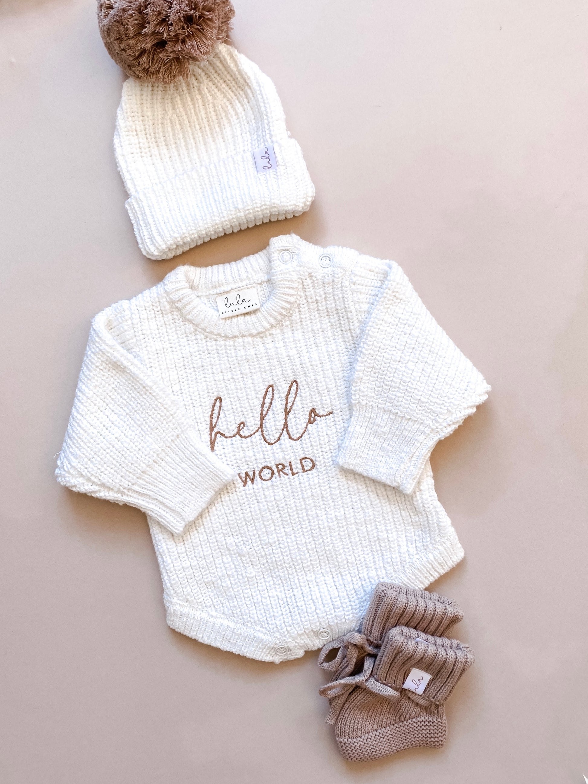 Hello world baby first outfit set | newborn knit romper, booties and hat
