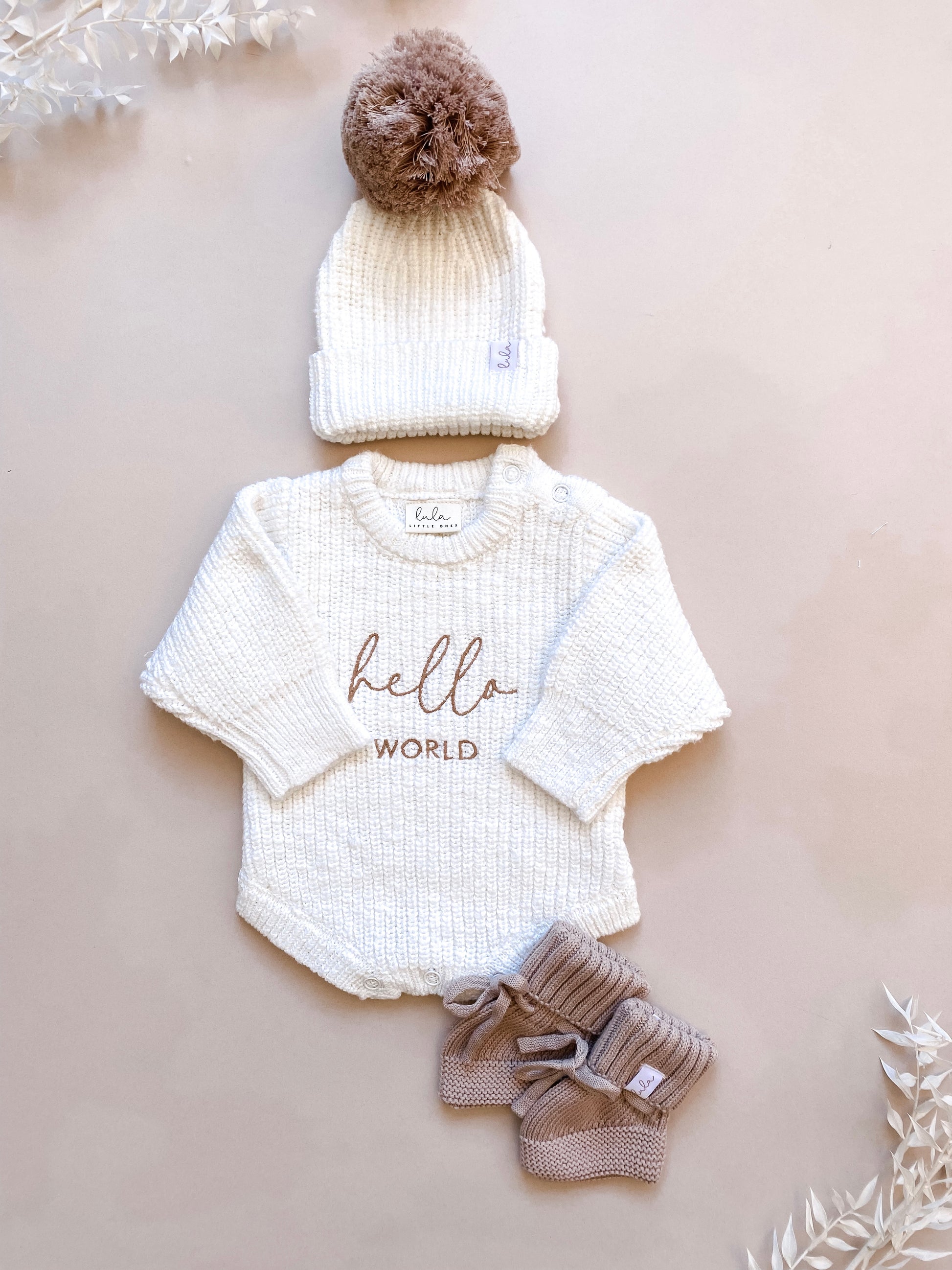 Hello world baby first outfit set | newborn knit romper