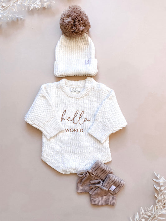 Hello world baby first outfit set | newborn knit romper