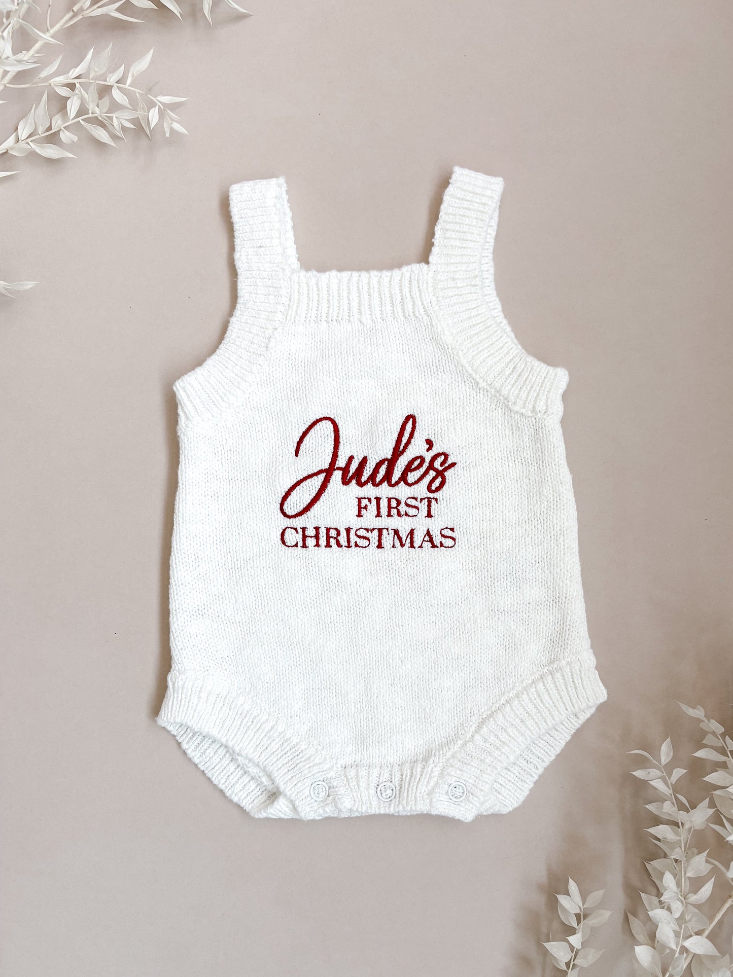 Personalised First Christmas Sleeveless Knit Baby Romper | Ivory