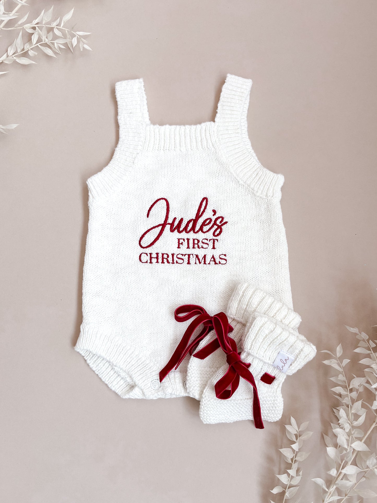 Personalised First Christmas Sleeveless Knit Baby Romper | Ivory