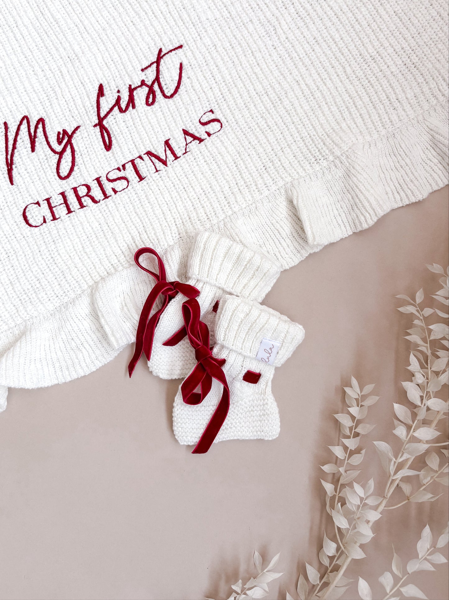 Christmas Baby Booties | Chunky Knit | Ivory | Red Velvet Ribbon