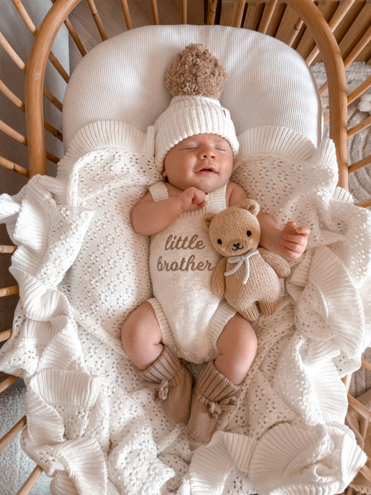 Set | Personalised Sleeveless Knit Baby Romper & Booties & Hat | Ivory & Cocoa